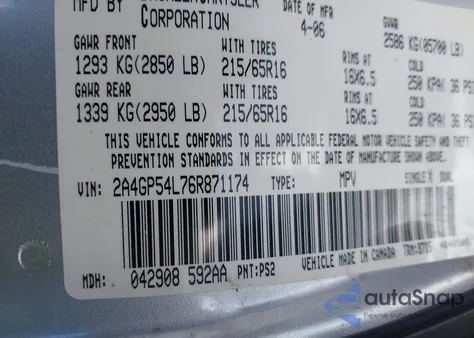 2006 Chrysler Town & Country Touring from USA, damaged, VIN 2A4GP54L76R871174